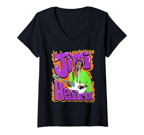 Damen Jimi Hendrix Flames and Bubble Text Vintage Band T-Shirt mit V-Ausschnitt von Jimi Hendrix