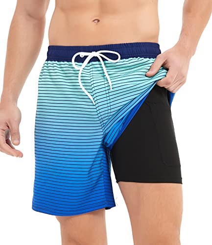 Jimlieay Badehose Herren Badeshorts mit Kompression Liner 2 in 1 Schnelltrocknend Strandhose Männer innenhose Board Shorts Gestreift Farbverlauf Muster Shorts von Jimlieay