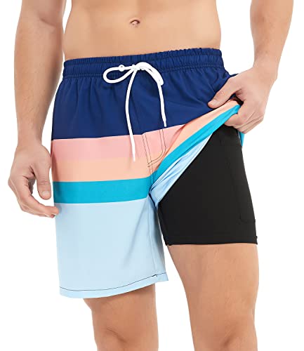 Jimlieay Badehose Herren Badeshorts mit Kompression Liner 2 in 1 Schnelltrocknend Strandhose Männer innenhose Board Shorts Gestreift Shorts von Jimlieay