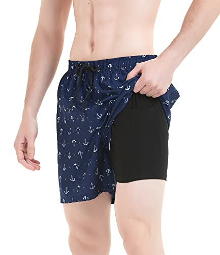 Jimlieay Badehose Herren Schnelltrocknende Strandshorts mit Kompressionsfutter 2 in 1 lässige Surf Board Shorts für Männer mit Tasche Kordelzug Shorts Anker Muster von Jimlieay