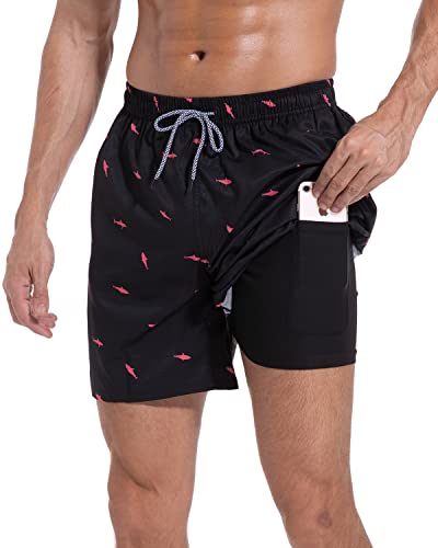 Jimlieay Badehose Herren Schnelltrocknende Strandshorts mit Kompressionsfutter 2 in 1 lässige Surf Board Shorts für Männer mit Tasche Kordelzug Shorts Hai Gedruckt von Jimlieay