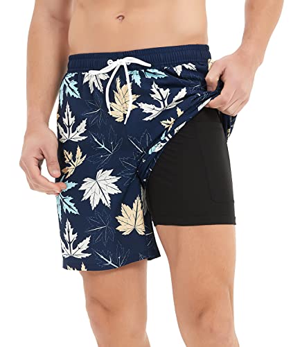 Jimlieay Badehose Herren mit Kompression Badehose mit innenhose Board Shorts 2 in 1 Atmungsaktiv Badeshorts Männer Ahornblatt Gedruckte Strandshorts von Jimlieay