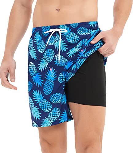 Jimlieay Badehose Herren mit Kompression Liner 2 in 1 Atmungsaktiv Badeshorts Männer Elastisch kurz Badehose Schwimmhose Trainingsshorts Ananas von Jimlieay