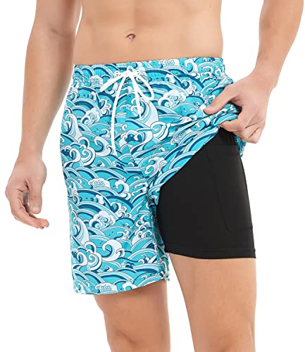 Jimlieay Badehose Herren mit Kompression Liner 2 in 1 Atmungsaktiv Badeshorts Männer Elastisch kurz Badehose Schwimmhose Trainingsshorts Wellenmuster Shorts von Jimlieay