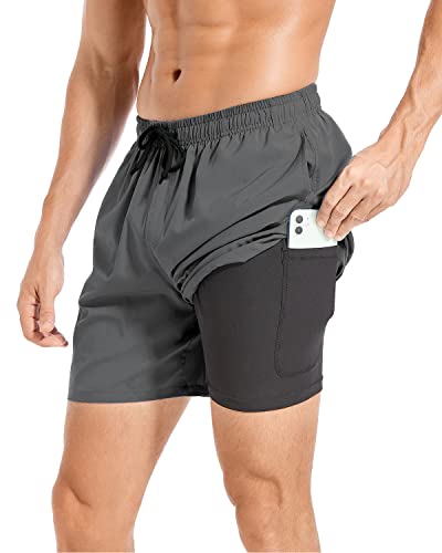 Jimlieay Badehose Herren mit Kompression Männer Badehose mit innenhose Board Shorts 2 in 1 Reißverschlusstasche kurz Badehose von Jimlieay