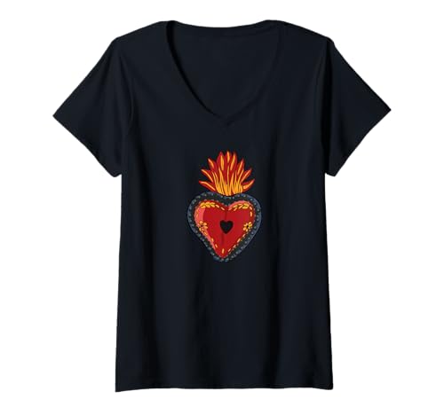 Damen Flaming Sacred Heart Mexican Folk Art Devotion Symbol T-Shirt mit V-Ausschnitt Damen Flaming Sacred Heart Mexican Folk Art Devotion Symbol T-Shirt mit V-Ausschnitt von Jimmo Designs