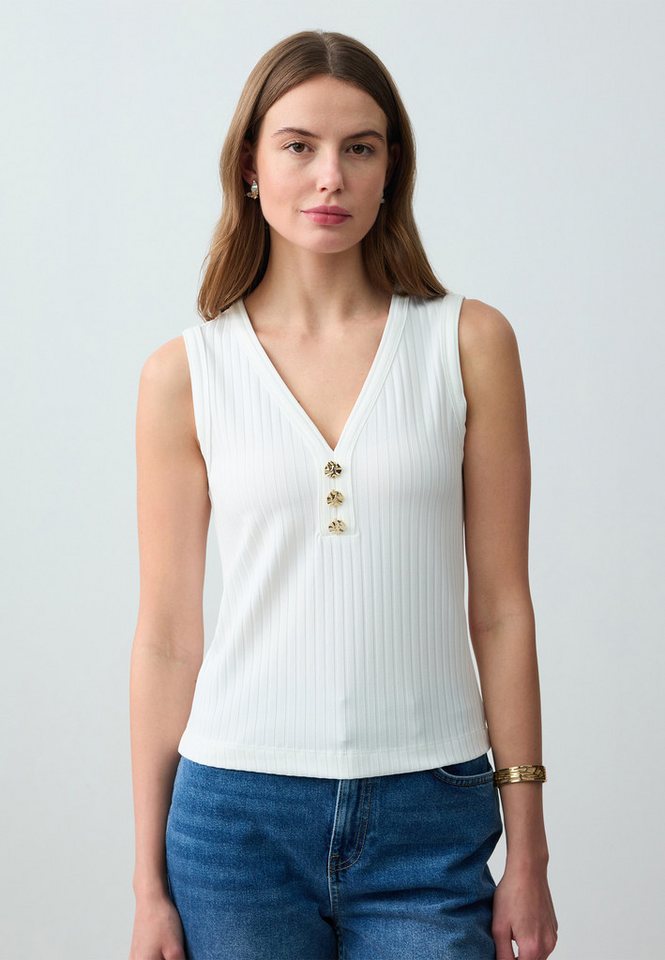 Jimmy Key Blusentop Mouwloze gebreide blouse met V-halsknoopdetail Jimmy Key Blusentop Mouwloze gebreide blouse met V-halsknoopdetail von Jimmy Key