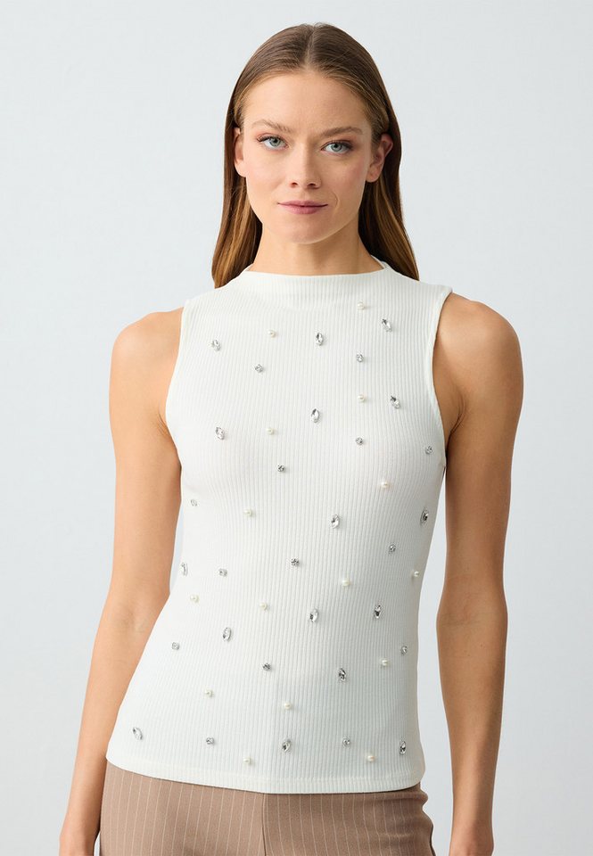 Jimmy Key Blusentop Schlank geschnittene ärmellose Strickbluse mit Perlen- und Steinsticke von Jimmy Key