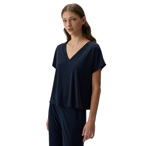Jimmy Key Damen Lockere Passform V-Ausschnitt Kurzarm Normale Länge Gestrickt Dunkelblau Bluse von Jimmy Key
