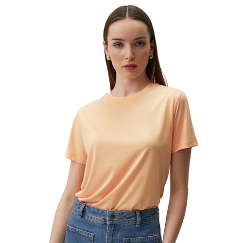 Jimmy Key Damen Normale Passform Crew Ausschnitt Kurzarm Normale Länge Gestrickt Pfirsich T-Shirt von Jimmy Key
