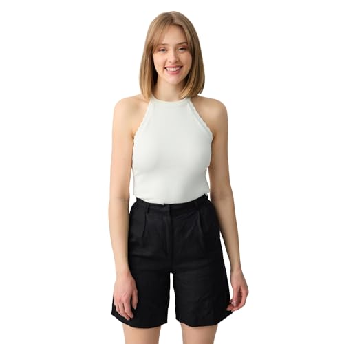 Jimmy Key Damen Normale Passform Hohe Taille Lang Weites Bein Schwarz Gewebt%100 Leinen Shorts von Jimmy Key