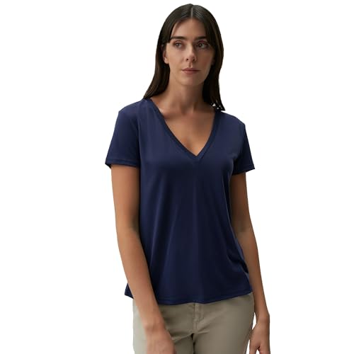 Jimmy Key Damen Textile Oberbekleidung Normale Passform V-Ausschnitt Kurzarm Normale Länge Gestrickt Dunkelblau T-Shirt von Jimmy Key