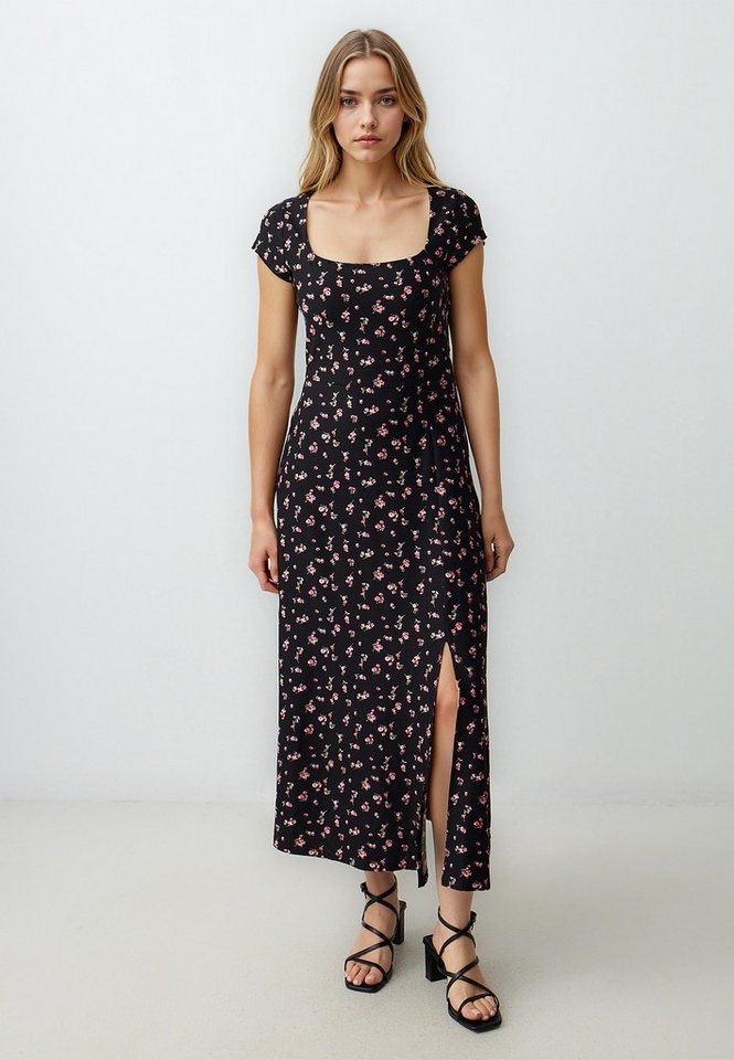 Jimmy Key Midikleid Gestricktes Midikleid Mit Blumenmuster Schlitz Quadratischem Ausschnit von Jimmy Key