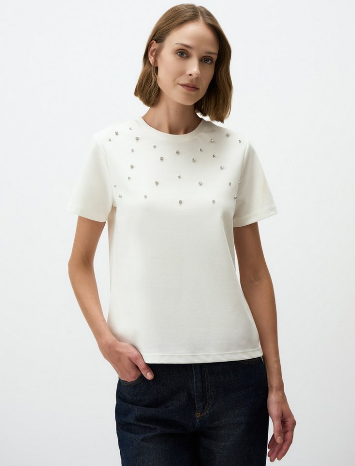 Jimmy Key Blusentop Rundhalsausschnitt Entspannte Passform Stone Bestickt Bluse von Jimmy Key