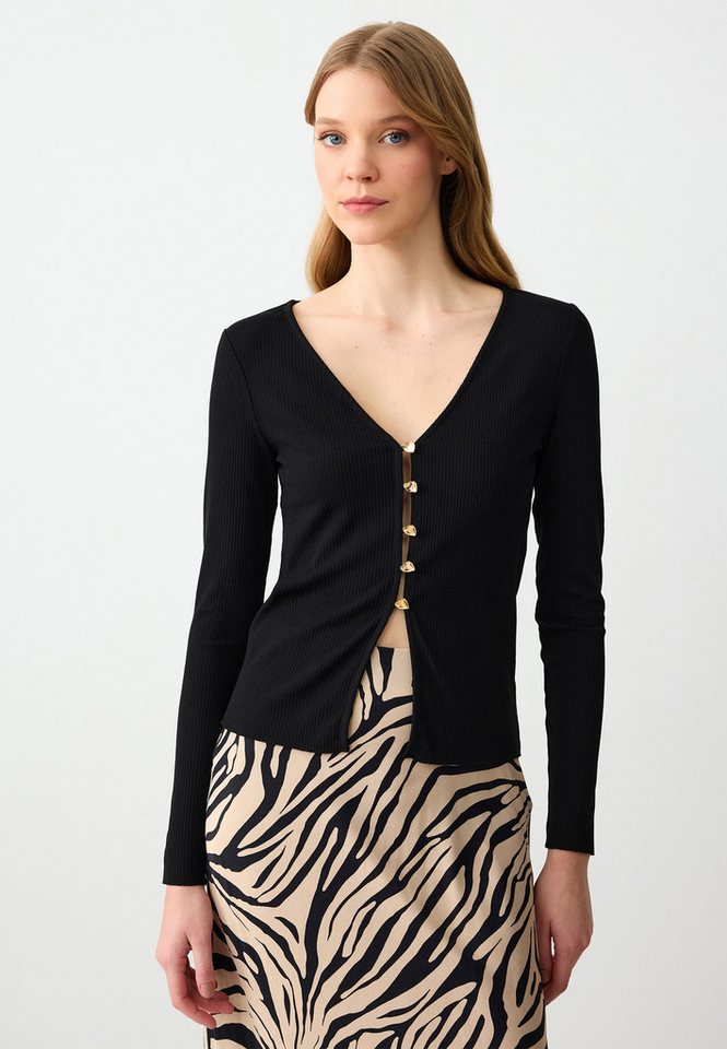 Jimmy Key Blusentop Schwarze Gerippte Bluse Mit V-Ausschnitt Und Knopfleiste Jimmy Key Blusentop Schwarze Gerippte Bluse Mit V-Ausschnitt Und Knopfleiste von Jimmy Key