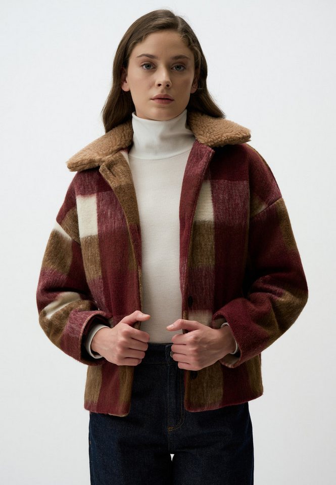 Jimmy Key Winterjacke Burgunderrot Kariert Wolle Jacke mit Sherpa Kragen von Jimmy Key