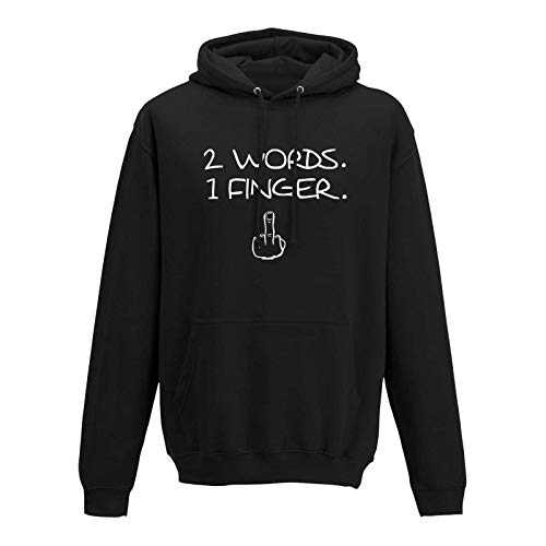 Jimmys Textilfactory Hoodie 2 Words 1 Finger Mittelfinger Fuck Off You Anti 10 Farben Herren XS - 5XL Stinkefinger Kult schwarzer Humor dagegen, Größe:L, Farbe:schwarz - Logo Weiss von Jimmys Textilfactory