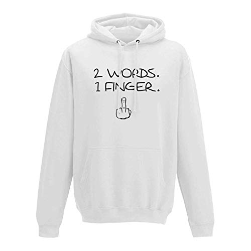 Hoodie 2 Words 1 Finger Mittelfinger Fuck Off You Anti 10 Farben Herren XS - 5XL Stinkefinger Kult schwarzer Humor dagegen, Größe:M, Farbe:Weiss - Logo schwarz von Jimmys Textilfactory