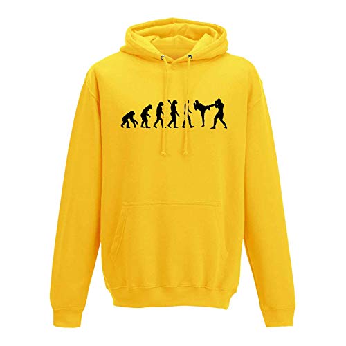 Hoodie Evolution Kickboxen Kampfsport Karate Boxen MMA 13 Farben Herren XS - 5XL Kampfkunst Muay Thai Jiu Jitsu Taekwondo Cage-Fight, Größenauswahl:L, Farbauswahl:gelb - Logo schwarz von Jimmys Textilfactory