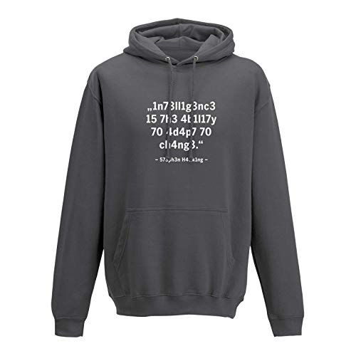 Jimmys Textilfactory Hoodie Intelligence Leetspeak Stephen Hawking Fun-Shirt 10 Farben Herren XS-5XL Chat 1337 Zitat Meme lustige Sprüche Geschenk, Größe:L, Farbe:dunkelgrau - Logo Weiss von Jimmys Textilfactory