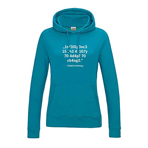 Jimmys Textilfactory Hoodie Intelligence Leetspeak Stephen Hawking Fun-Shirt 12 Farben Damen XS-2XL Chat 1337 Zitat Meme lustige Sprüche Geschenk, Größe:L, Farbe:Azure/türkis - Logo Weiss von Jimmys Textilfactory