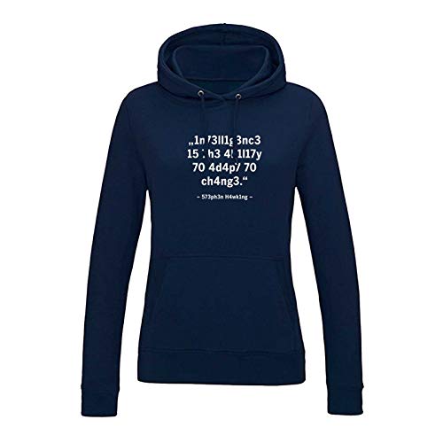 Jimmys Textilfactory Hoodie Intelligence Leetspeak Stephen Hawking Fun-Shirt 12 Farben Damen XS-2XL Chat 1337 Zitat Meme lustige Sprüche Geschenk, Größe:S, Farbe:Navy - Logo Weiss von Jimmys Textilfactory