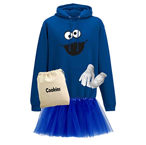 Hoodie Krümelmonster Kostüm Set + Tütü Tüllrock Karneval Fasching Herren XS-3XL Verkleidung Gruppen Rosenmontag Sesamstraße, Größenauswahl:M, Setauswahl:PREMIUM Set (Handschuhe+Beutel) von Jimmys Textilfactory