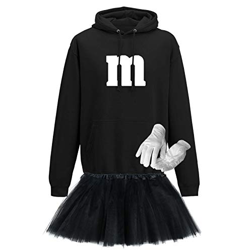 Hoodie M&M + Tüllrock Karneval Gruppenkostüm Schokolinse 10 Farben Herren XS-5XL Mundm Fans Fasching Verkleidung Rosenmontag, Größe:4XL, Farbe:schwarz - Logo weiss (+Handschuhe weiss/Tütü schwarz) von Jimmys Textilfactory