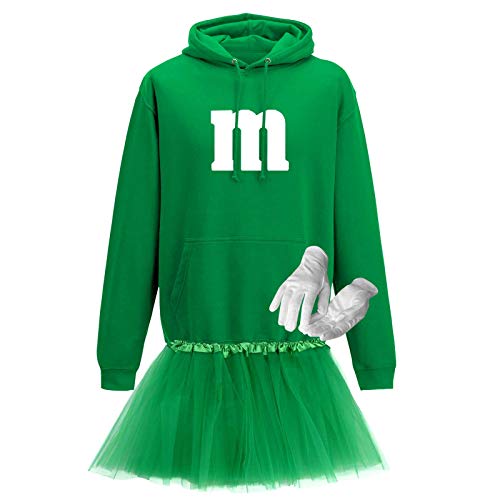 Jimmys Textilfactory Hoodie M&M Karneval Kostüm Set mit Tütü XS-5XL Herren Verkleidung Tütü Gruppenkostüm Partner Familie Fasching, Größe:L, Farbe:grün - Logo Weiss (+Handschuhe Weiss/Tütü grün) von Jimmys Textilfactory