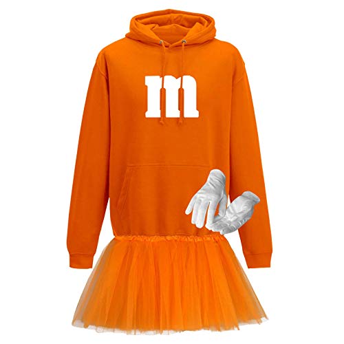 Jimmys Textilfactory Hoodie M&M Karneval Kostüm Set mit Tütü XS-5XL Herren Verkleidung Tütü Gruppenkostüm Partner Familie Fasching, Größe:XL, Farbe:orange - Logo Weiss (+Handschuhe weis/Tütü orange) von Jimmys Textilfactory