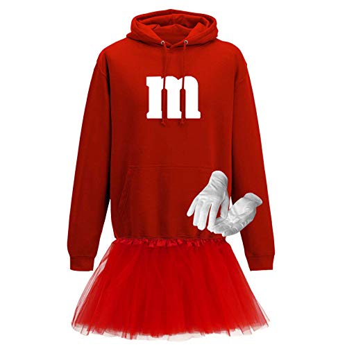 Jimmys Textilfactory Hoodie M&M Karneval Kostüm Set mit Tütü XS-5XL Herren Verkleidung Tütü Gruppenkostüm Partner Familie Fasching, Größe:XL, Farbe:rot - Logo Weiss (+Handschuhe Weiss/Tütü rot) von Jimmys Textilfactory