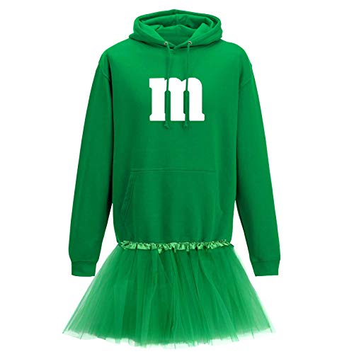 Jimmys Textilfactory Hoodie M&M Karneval Kostüm Set mit Tütü XS-5XL Herren Verkleidung Tütü Gruppenkostüm Partner Familie Fasching, Größe:2XL, Farbe:grün - Logo Weiss (+Tütü grün) von Jimmys Textilfactory