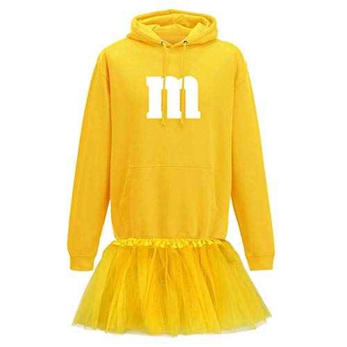 Jimmys Textilfactory Hoodie M&M Karneval Kostüm Set mit Tütü XS-5XL Herren Verkleidung Tütü Gruppenkostüm Partner Familie Fasching, Größe:L, Farbe:gelb - Logo Weiss (+Tütü gelb) von Jimmys Textilfactory