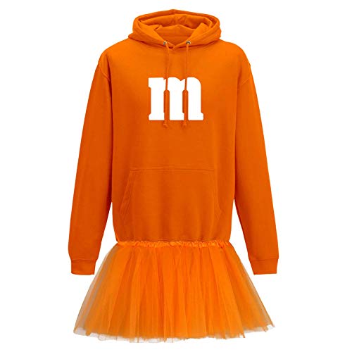 Jimmys Textilfactory Hoodie M&M Karneval Kostüm Set mit Tütü XS-5XL Herren Verkleidung Tütü Gruppenkostüm Partner Familie Fasching, Größe:M, Farbe:orange - Logo Weiss (+Tütü orange) von Jimmys Textilfactory