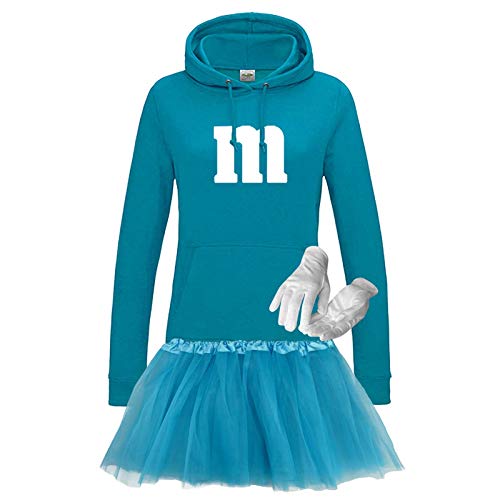 Hoodie M&M + Tüllrock Karneval Gruppenkostüm Schokolinse 9 Farben Damen XS-2XL Mundm Fans Tanzgruppe Fasching Verkleidung Rosenmontag, Gr.:L, Farbe:türkis - Logo weiss (+Handschuhe weiss/Tütü türkis) von Jimmys Textilfactory