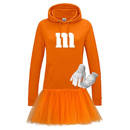 Hoodie M&M + Tüllrock Karneval Gruppenkostüm Schokolinse 9 Farben Damen XS-2XL Mundm Fans Tanzgruppe Fasching Verkleidung Rosenmontag, Gr.:M, Farbe:orange - Logo weiss (+Handschuhe weis/Tütü orange) von Jimmys Textilfactory