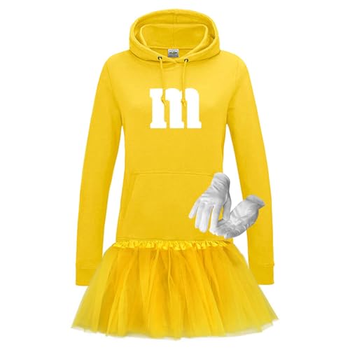 Hoodie M&M + Tüllrock Karneval Gruppenkostüm Schokolinse 9 Farben Damen XS-2XL Mundm Fans Tanzgruppe Fasching Verkleidung Rosenmontag, Größe:2XL, Farbe:gelb - Logo weiss (+Tütü gelb) von Jimmys Textilfactory