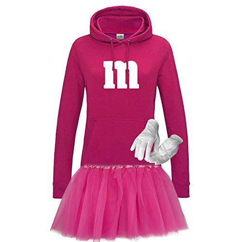 Hoodie M&M + Tüllrock Karneval Gruppenkostüm Schokolinse 9 Farben Damen XS-2XL Mundm Fans Tanzgruppe Fasching Verkleidung Rosenmontag, Größe:2XL, Farbe:pink - Logo weiss (+Handschuhe weiss/Tütü pink) von Jimmys Textilfactory