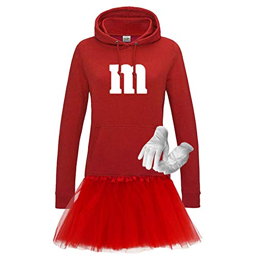 Hoodie M&M + Tüllrock Karneval Gruppenkostüm Schokolinse 9 Farben Damen XS-2XL Mundm Fans Tanzgruppe Fasching Verkleidung Rosenmontag, Größe:2XL, Farbe:rot - Logo weiss (+Handschuhe weiss/Tütü rot) von Jimmys Textilfactory