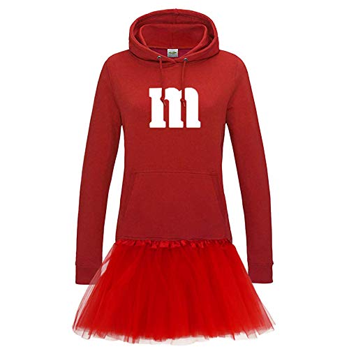 Hoodie M&M + Tüllrock Karneval Gruppenkostüm Schokolinse 9 Farben Damen XS-2XL Mundm Fans Tanzgruppe Fasching Verkleidung Rosenmontag, Größe:2XL, Farbe:rot - Logo weiss (+Tütü rot) von Jimmys Textilfactory