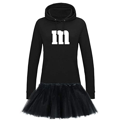 Hoodie M&M + Tüllrock Karneval Gruppenkostüm Schokolinse 9 Farben Damen XS-2XL Mundm Fans Tanzgruppe Fasching Verkleidung Rosenmontag, Größe:2XL, Farbe:schwarz - Logo weiss (+Tütü schwarz) von Jimmys Textilfactory