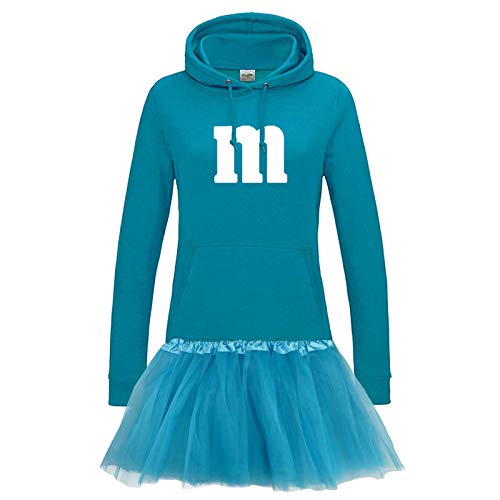 Hoodie M&M + Tüllrock Karneval Gruppenkostüm Schokolinse 9 Farben Damen XS-2XL Mundm Fans Tanzgruppe Fasching Verkleidung Rosenmontag, Größe:2XL, Farbe:türkis - Logo weiss (+Tütü türkis) von Jimmys Textilfactory