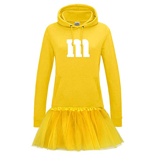 Hoodie M&M + Tüllrock Karneval Gruppenkostüm Schokolinse 9 Farben Damen XS-2XL Mundm Fans Tanzgruppe Fasching Verkleidung Rosenmontag, Größe:L, Farbe:gelb - Logo weiss (+Tütü gelb) von Jimmys Textilfactory