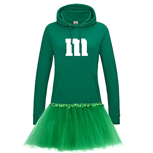 Hoodie M&M + Tüllrock Karneval Gruppenkostüm Schokolinse 9 Farben Damen XS-2XL Mundm Fans Tanzgruppe Fasching Verkleidung Rosenmontag, Größe:L, Farbe:grün - Logo weiss (+Tütü grün) von Jimmys Textilfactory