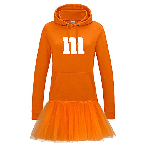 Hoodie M&M + Tüllrock Karneval Gruppenkostüm Schokolinse 9 Farben Damen XS-2XL Mundm Fans Tanzgruppe Fasching Verkleidung Rosenmontag, Größe:M, Farbe:orange - Logo weiss (+Tütü orange) von Jimmys Textilfactory