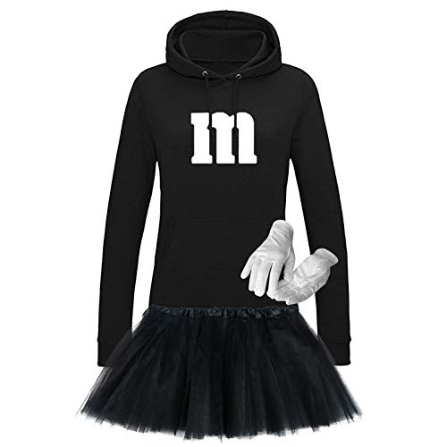 Hoodie M&M + Tüllrock Karneval Gruppenkostüm Schokolinse 9 Farben Damen XS-2XL Mundm Tanzgruppe Fasching Verkleidung Rosenmontag, Gr.:L, Farbe:schwarz - Logo weiss (+Handschuhe weiss/Tütü schwarz) von Jimmys Textilfactory