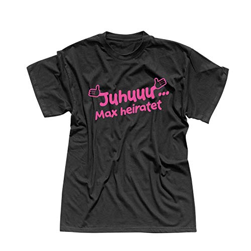 JGA Shirt Juhuu Wunschname heiratet Scheisse ich Bin XXX Hochzeit Herren XS-5XL Bräutigam Junggesellenabschied Abschiedsfeier Hangover, Größe:XL, Farbe:schwarz - Logo Junggesellen pink von Jimmys Textilfactory