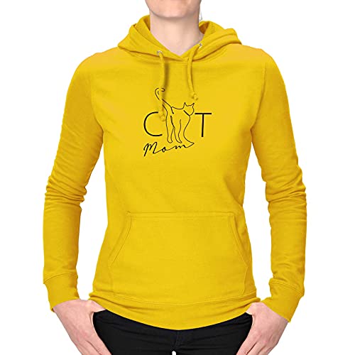 Jimmys Textilfactory Hoodie Catmom Katzen Katzenliebe Katzenbesitzer Katzenliebhaber 12 Farben XS-3XL Frauchen Katzenmama Fellkind Katzenfan Kitten Cats, Farbe:gelb - Logo schwarz, Größe:L von Jimmys Textilfactory