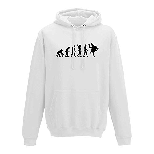 Jimmys Textilfactory Hoodie Evolution Judo Kampfsport Wurf Judoka Anzug 10 Farben Herren XS - 5XL Keikogi Judo-Gi Judo-Anzug KYU Kampfkunst Jiu Jitsu Karate, Größe: M, Farbe: Weiss - Logo schwarz von Jimmys Textilfactory