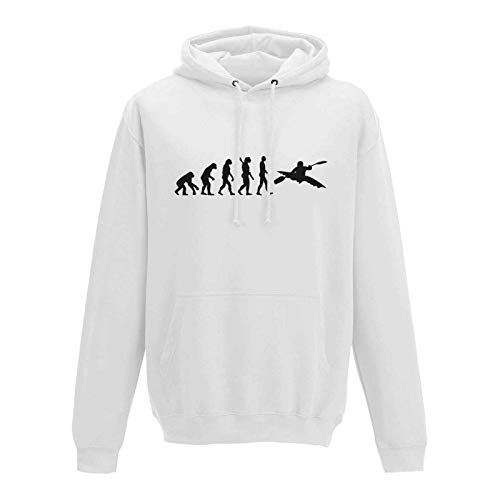 Jimmys Textilfactory Hoodie Evolution Kajak Kanadier Wassersport Kanu Club 10 Farben Herren XS - 5XL Paddel Poot Kanuwandern Verein Urlaub Wildwasser Ruderboot, Größe:XS, Farbe:Weiss - Logo schwarz von Jimmys Textilfactory